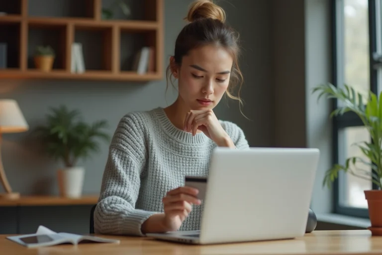 Femme tenant une carte bancaire devant un ordinateur portable lors d'un achat en ligne sécurisé