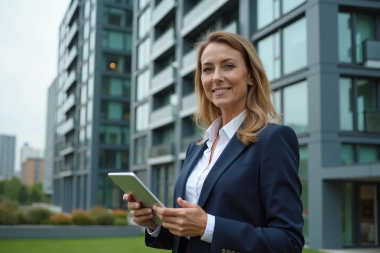 Agent immobilière professionnelle en blazer marine tenant une tablette devant un immeuble résidentiel moderne en 2024