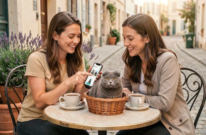 Deux femmes découvrant les avis sur Aplouf.com sur un smartphone en terrasse de café avec un chat Scottish Fold