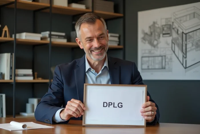 Architecte homme en blazer examine un diplôme DPLG dans un bureau moderne