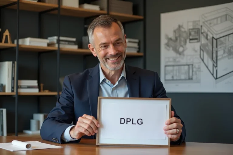 Architecte homme en blazer examine un diplôme DPLG dans un bureau moderne