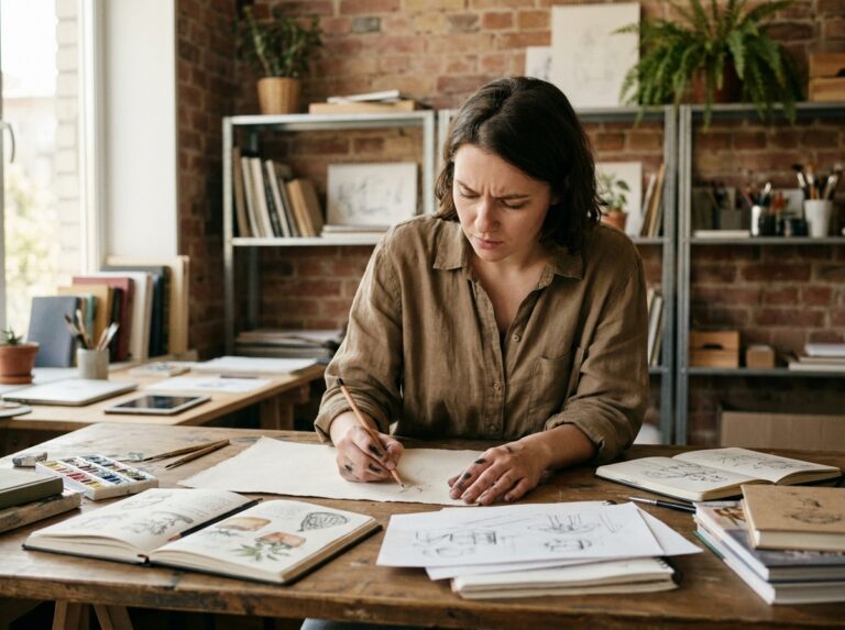 Jeune femme artiste dessinant dans son atelier créatif entouré de carnets de croquis et de références artistiques