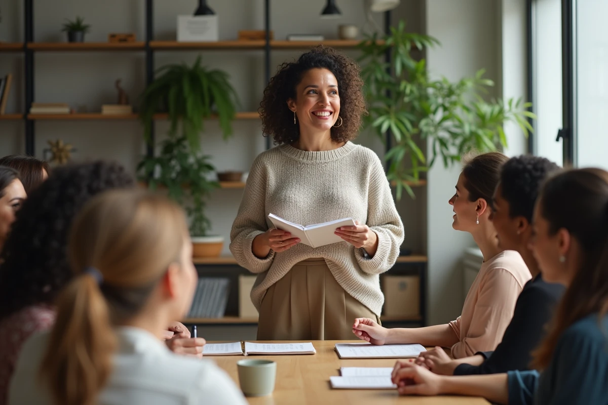 Femme entrepreneure animant un atelier avec un groupe