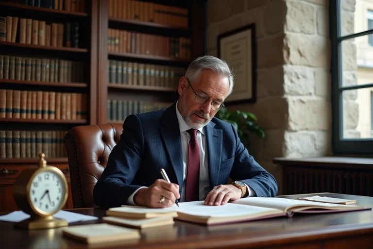 Avocat français dans son bureau parisien annotant des documents juridiques relatifs à la prescription et aux délais de forclusion en droit français