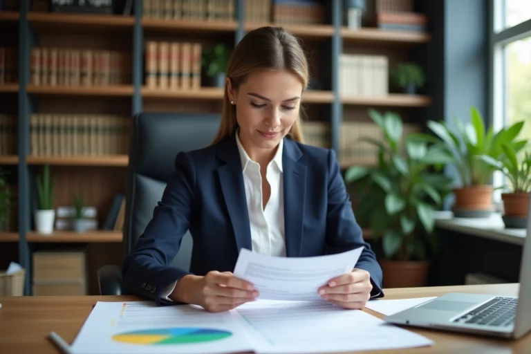 Femme avocate en bureau moderne examinant des documents juridiques