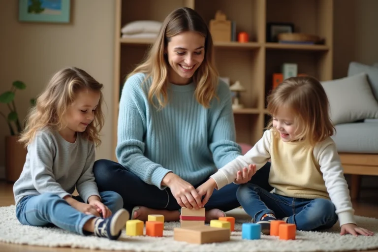 Jeune baby-sitter souriante jouant avec deux enfants sur le sol d'un salon familial avec des blocs en bois colorés