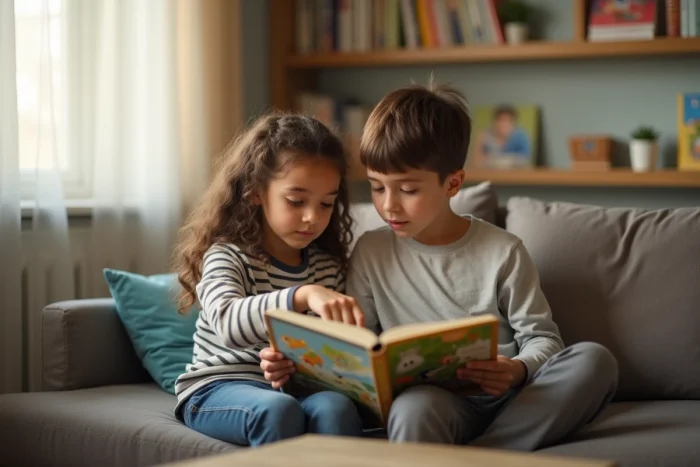 Adolescente baby-sitter lisant un livre illustré avec un enfant de 7 ans sur un canapé dans un salon familier