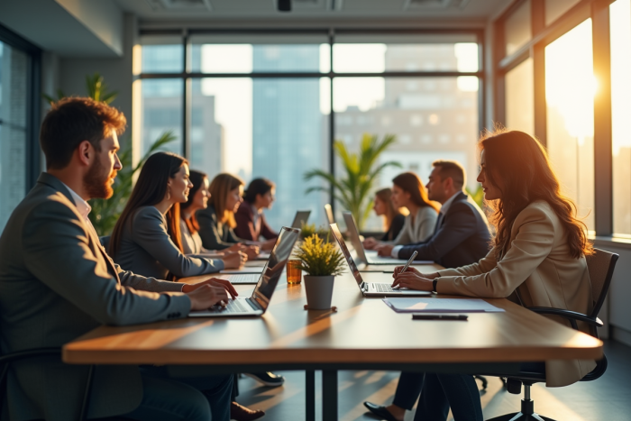 Espace de bureau moderne avec équipe diverse collaborant