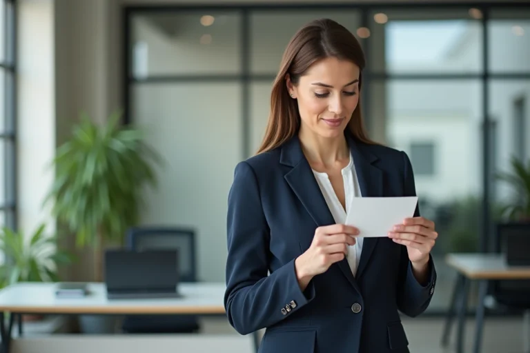 Femme professionnelle tenant une carte de visite d'entreprise avec numéro SIRET dans un bureau moderne