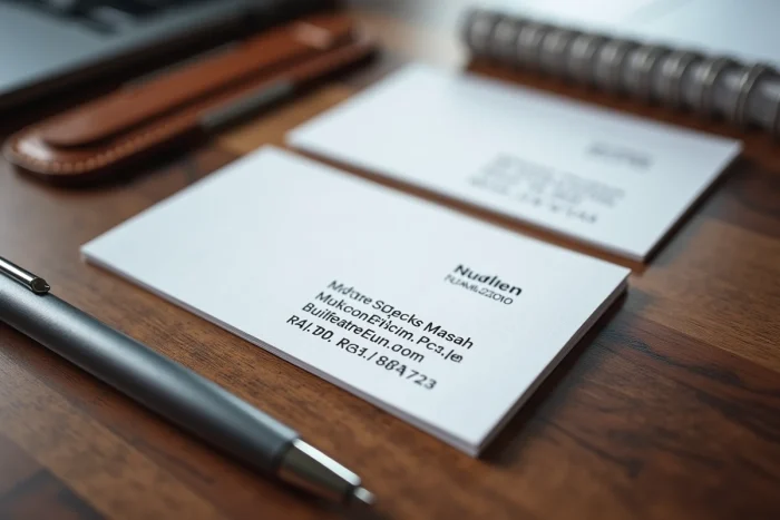 Cartes de visite professionnelles avec informations légales dont le numéro SIRET sur bureau en bois