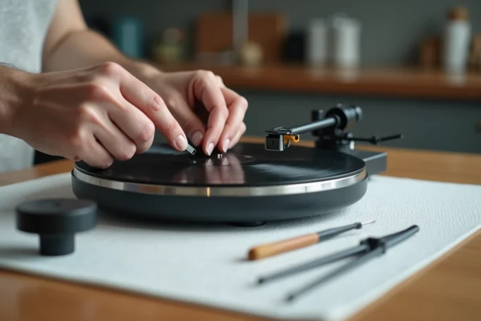 Mains retirant l'ancien diamant d'une platine Marley avec un outil plastique sur tapis antistatique