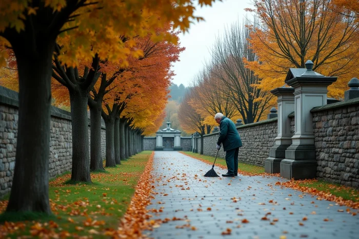 Allée d'un cimetière en automne avec monuments funéraires en pierre et granite
