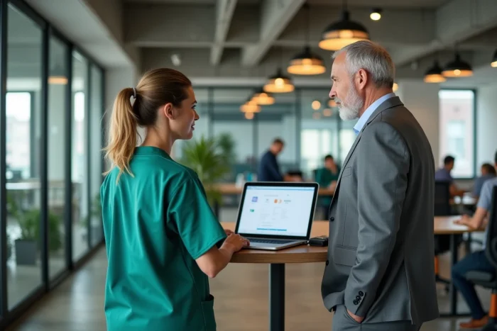 Deux professionnels de santé collaborant autour d'un ordinateur portable dans un espace de travail médical moderne