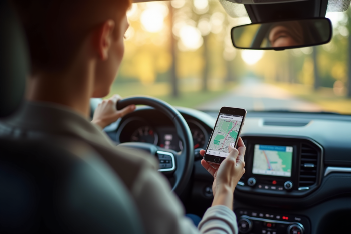 Personne utilisant une application de navigation dans une voiture lumineuse
