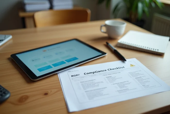 Bureau d'un responsable qualité en EHPAD avec tablette affichant un dossier résident et checklist de conformité RGPD Domusvi