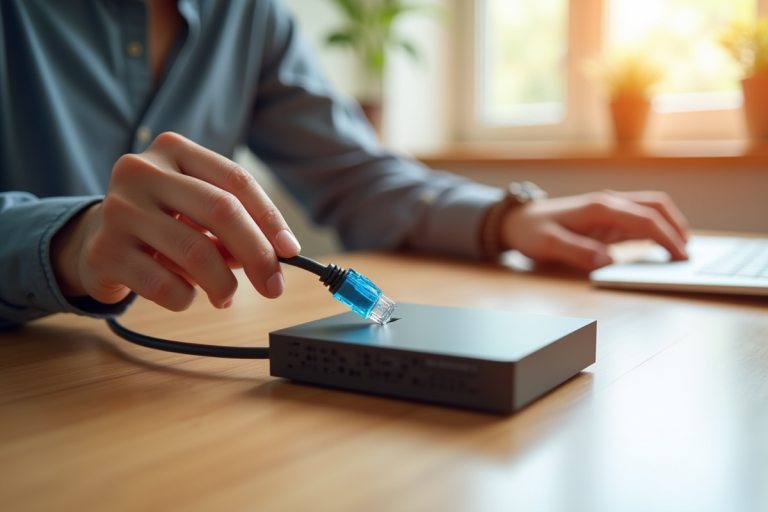 Main connectant un câble Ethernet à une box internet moderne