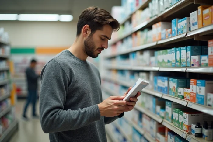Consommateur lisant attentivement l'étiquette d'un produit inconnu en pharmacie