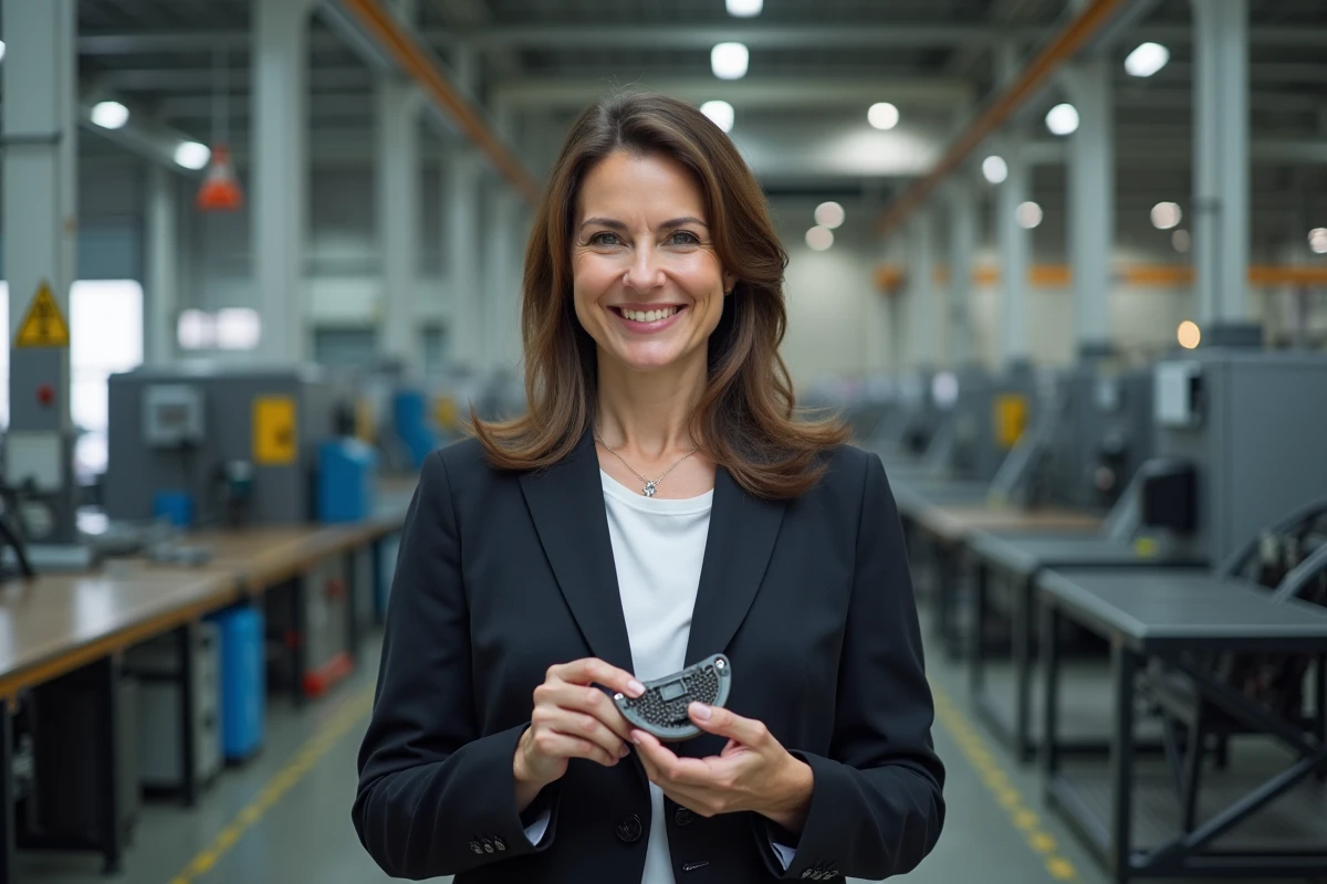 Manager qualite inspectant un composant dans une usine