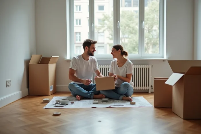 Couple emballant ensemble de la vaisselle dans des cartons au sol d'un appartement vide lors d'un déménagement