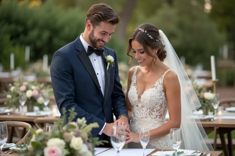 Jeune couple souriant préparant leur mariage en extérieur