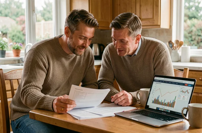 Couple étudiant les stratégies d'investissement immobilier ensemble à domicile avec des documents financiers