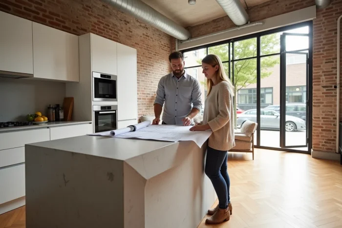 Couple visitant un appartement rénové avec plans architecturaux dans un cadre urbain tendance en 2024