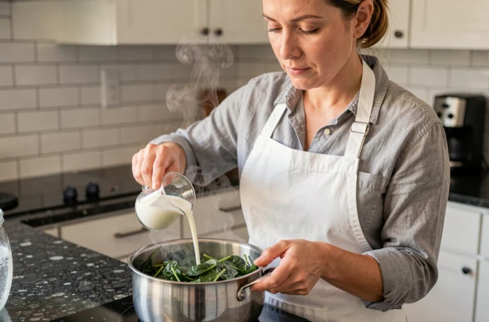 Cuisinière versant du lait sur des épinards dans une casserole en acier inoxydable dans une cuisine moderne