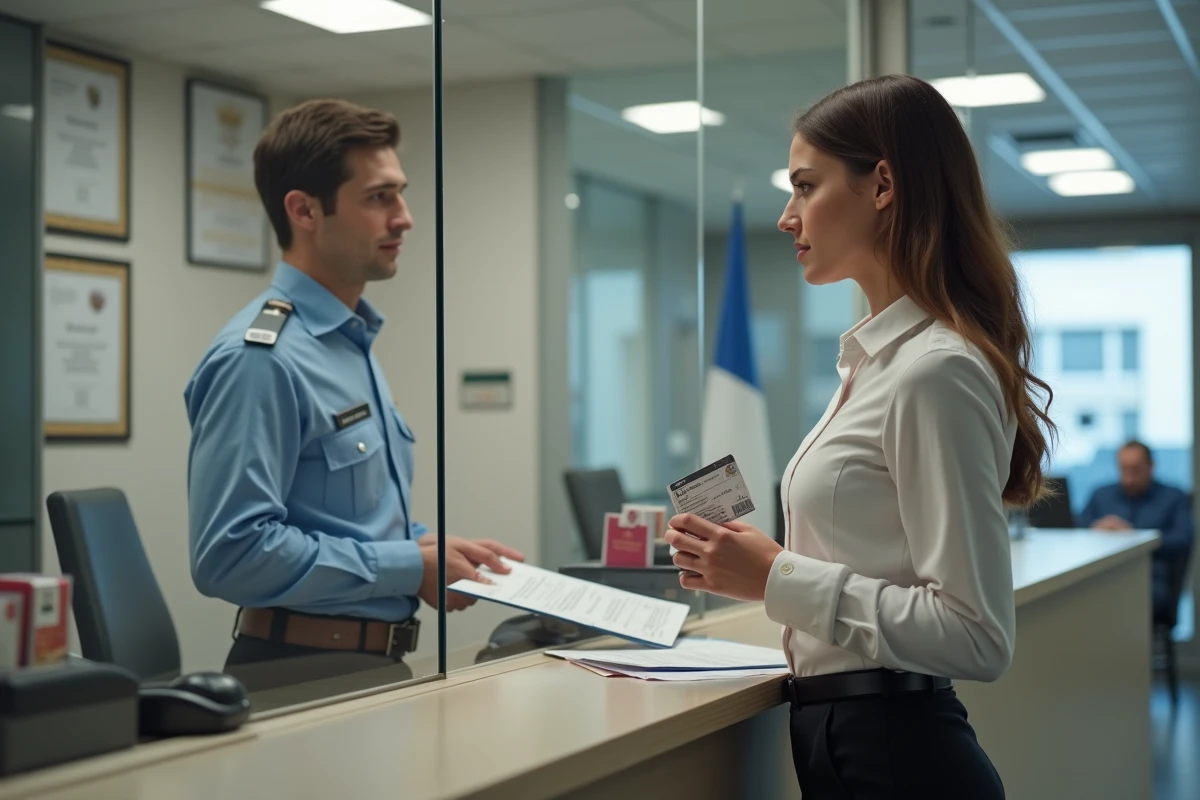 Jeune femme au guichet d administration avec document officiel et carte d identité