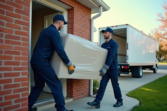 Deux déménageurs professionnels portant un canapé emballé vers un camion de déménagement devant une maison