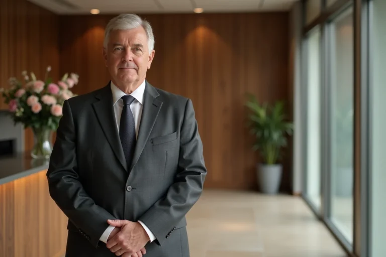 Directeur funéraire professionnel en costume dans un salon funéraire moderne et élégant