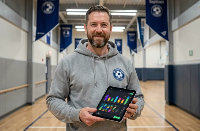 Dirigeant de club de handball consultant un tableau de bord financier sur tablette dans un couloir de gymnase