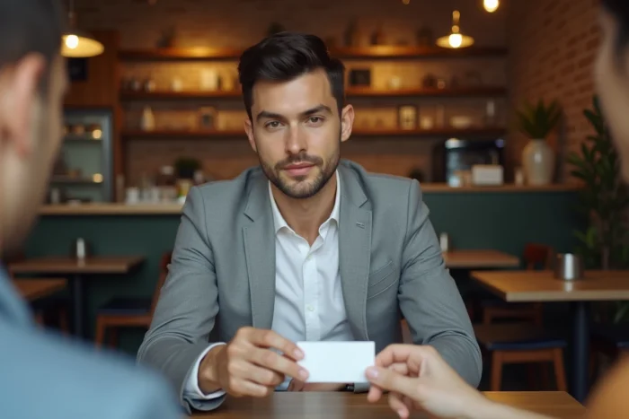 Échange de cartes de visite professionnelles entre entrepreneurs dans un café parisien