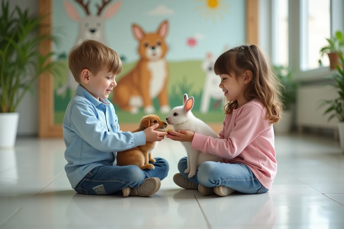 Enfants nourrissant un lapin et un chien dans un centre animalier