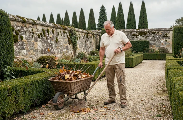Homme âgé entretenant une allée de jardin à la française en ratissant les feuilles mortes avec une brouette et un râteau
