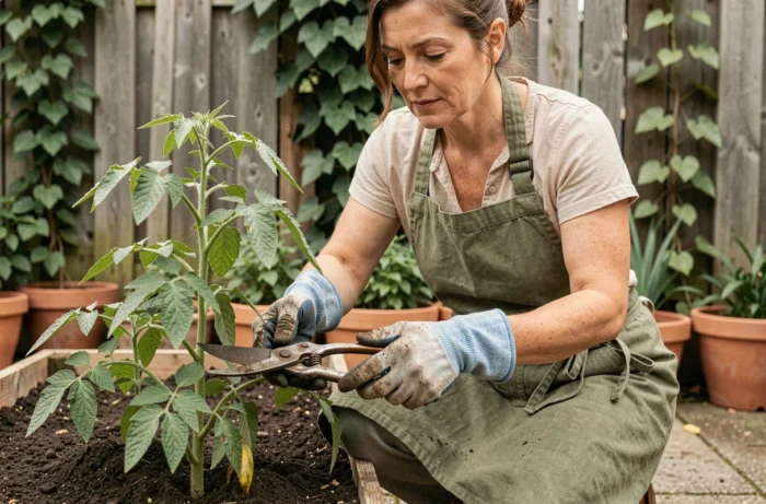 Femme jardiniére qui taille des plants de tomates dans un potager bien entretenu avec des outils de jardinage traditionnels
