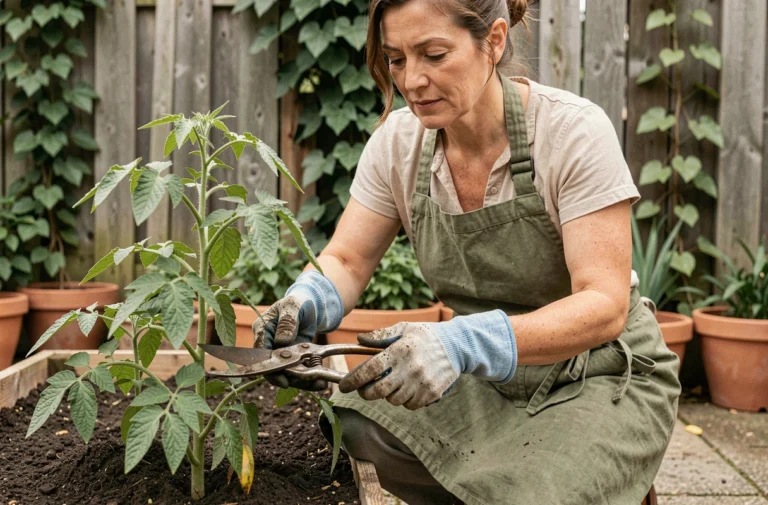 Femme jardiniére qui taille des plants de tomates dans un potager bien entretenu avec des outils de jardinage traditionnels