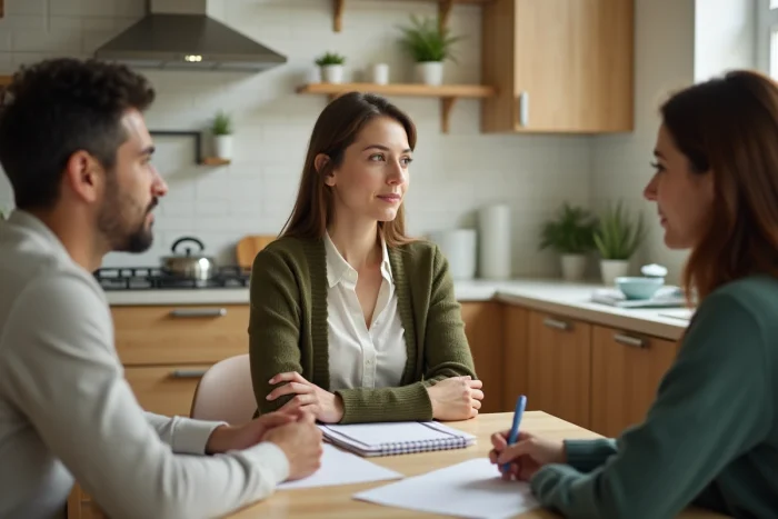 Parents rencontrant une candidate baby-sitter autour d'une table de cuisine lors d'un entretien informel