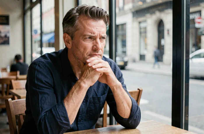 Homme pensif aux lèvres fines assis dans un café, expression introspective révélatrice de personnalité