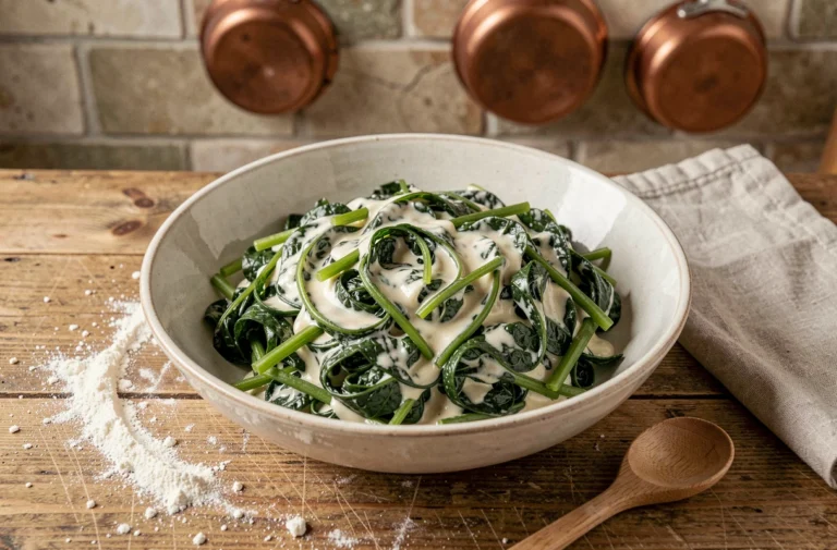 Bol d'épinards à la crème maison dans une cuisine rustique avec cuillère en bois et nappe en lin