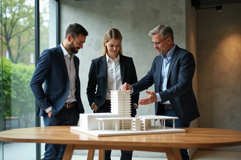 Equipe d'architectes discutant d'un modele durable