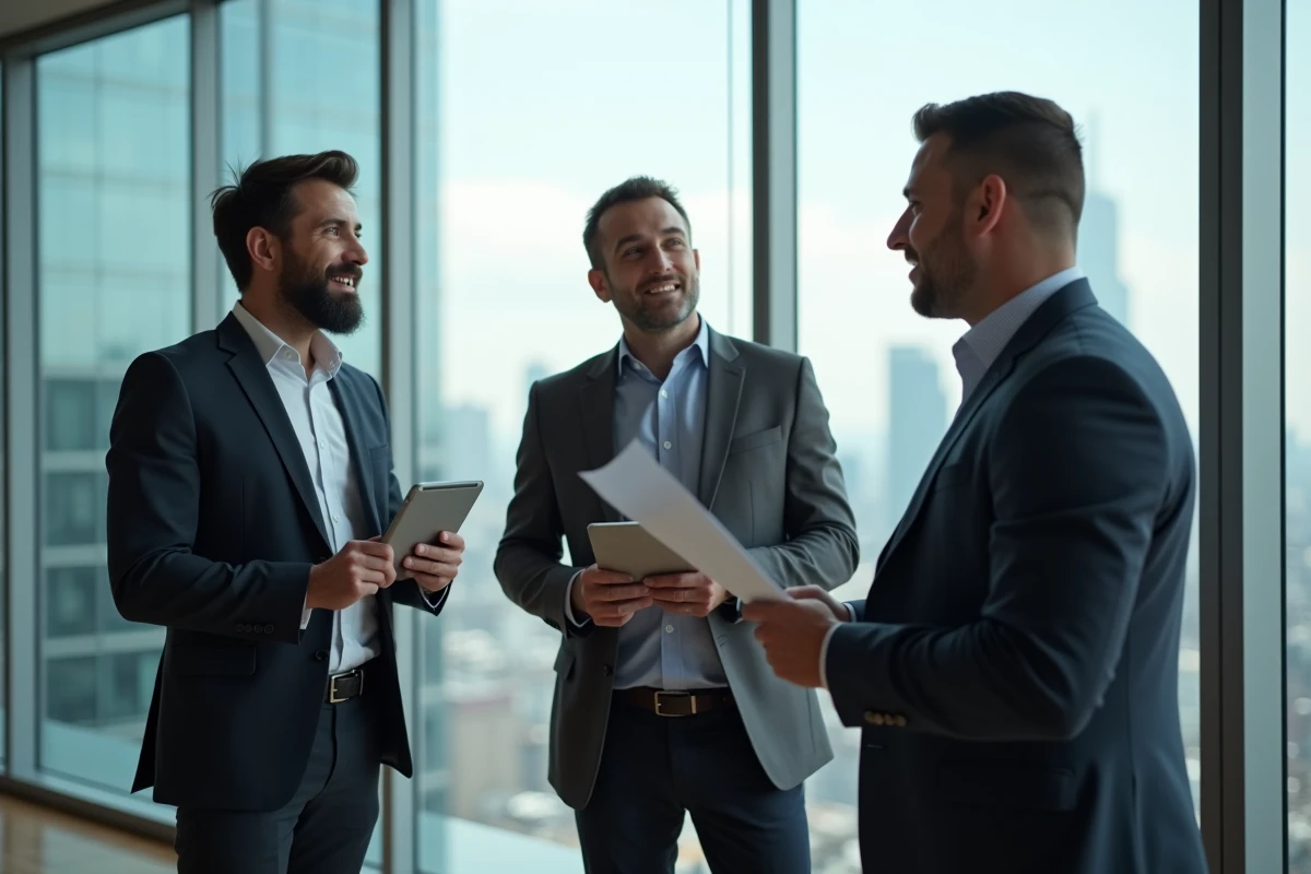 Groupe de professionnels discutant devant une grande fenêtre en ville
