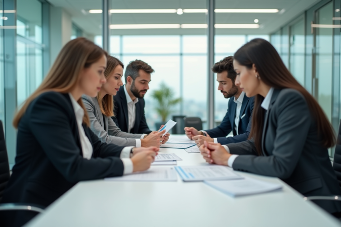 Groupe de professionnels en réunion dans un bureau lumineux