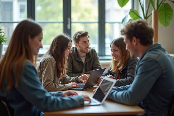 Etudiants universitaires collaborant sur tablettes numériques