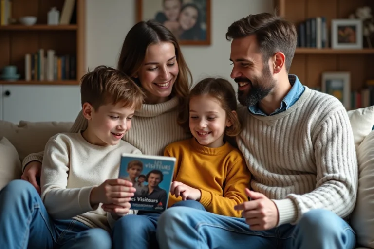 Famille réunie dans un salon chaleureux avec DVD Les Visiteurs