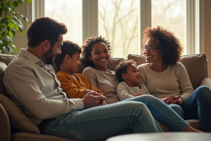 Famille diverse assise dans un salon lumineux et moderne