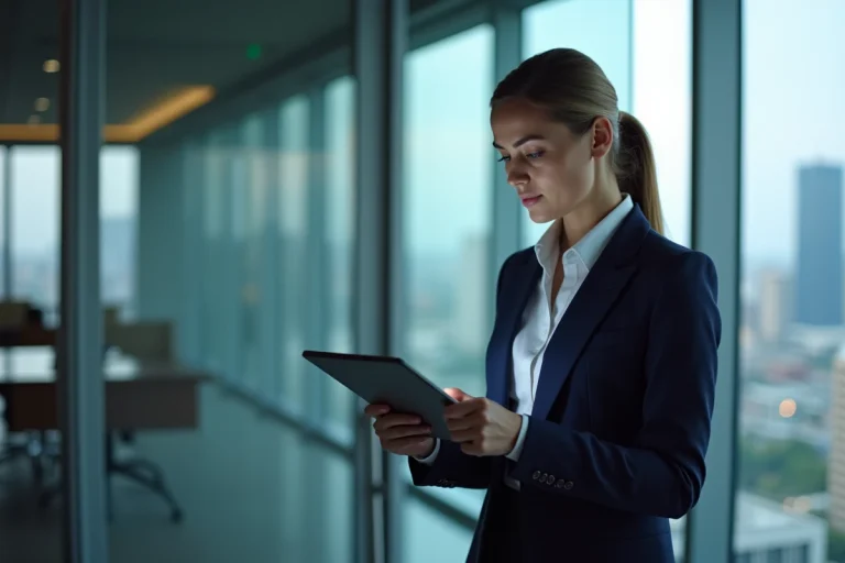 Femme d affaires analysant un graphique financier sur une tablette