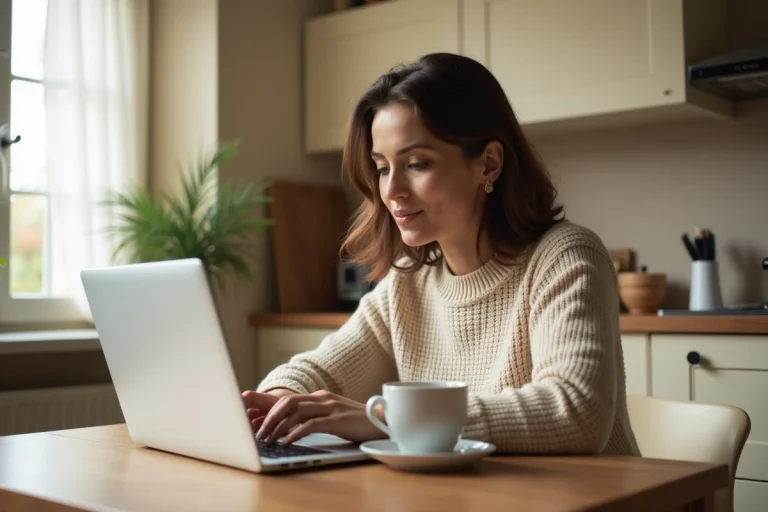 Femme consultant les nouvelles annonces Leboncoin sur son ordinateur portable dans une cuisine française