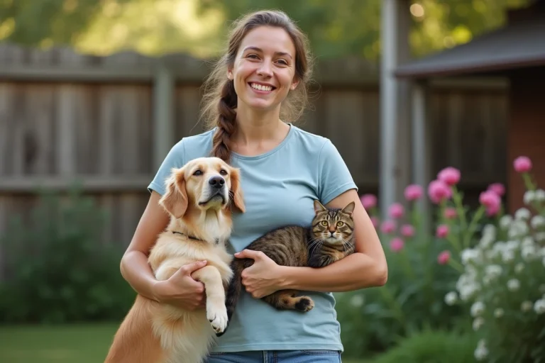 Femme souriante avec chien et chat dans un refuge animalier