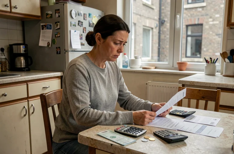 Femme consultant ses documents de budget et factures à la table de sa cuisine, illustrant la question du cumul RSA et salaire à 1500 euros