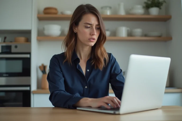 Femme concentrée devant son ordinateur dans la cuisine